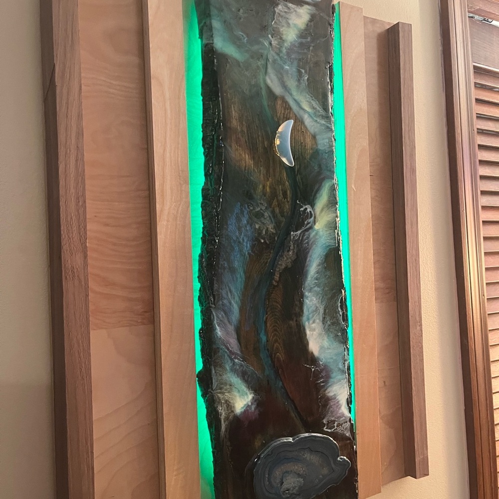 Abstract LED Wall Art with Green Accents “ aurora borealis” Epoxy